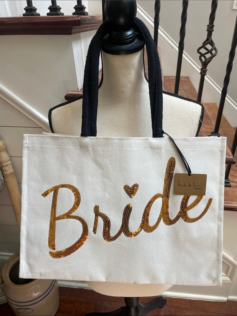 Nicole Miller White Canvas 'Bride' Tote with Gold Sequin Script